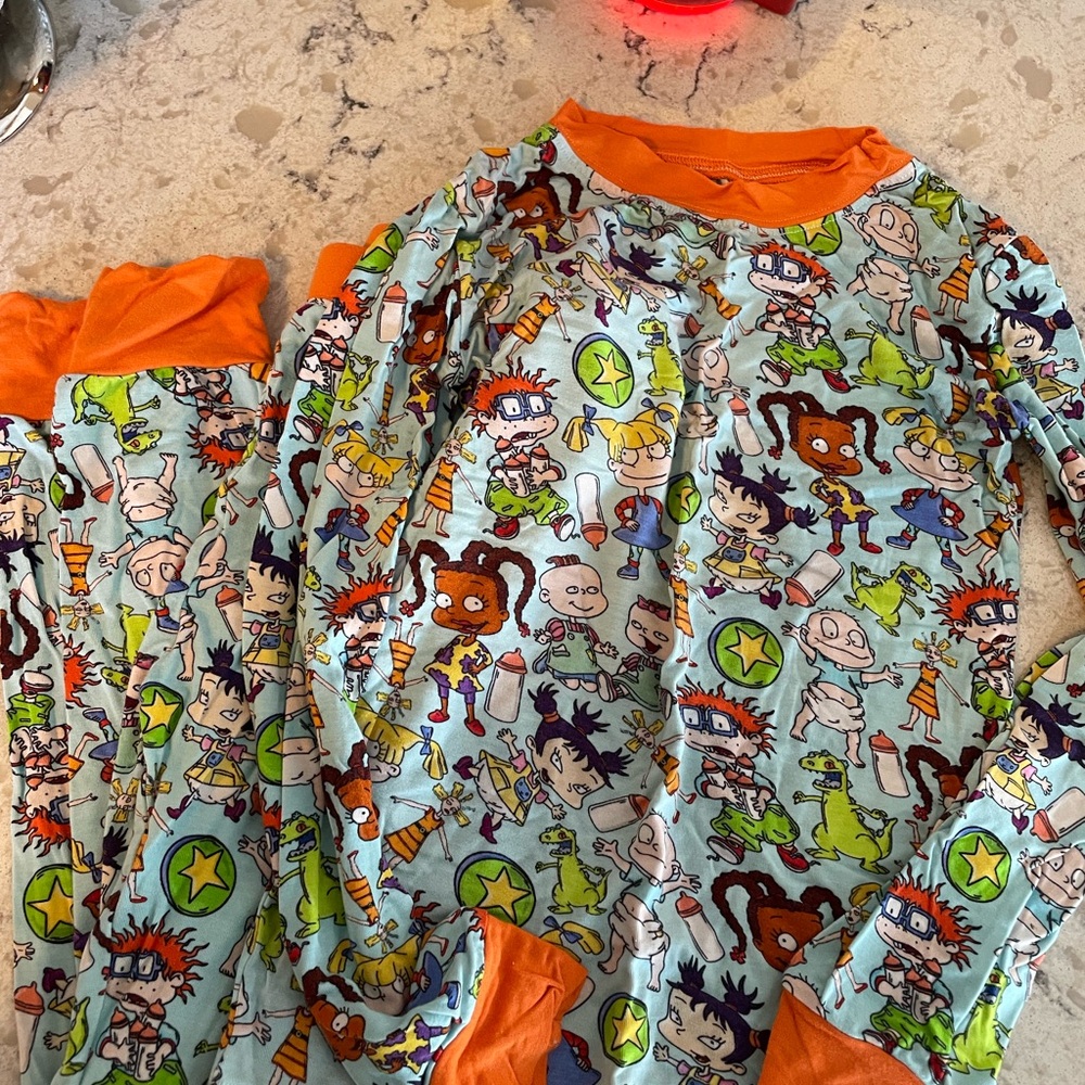 BAMBOO Kids Pajama Set - Orange and Green Cartoon Print. 5/6